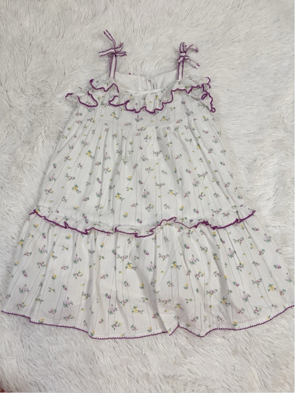 Janie and Jack girls White Floral Ruffle tiered Sundress with Purple Trim‎